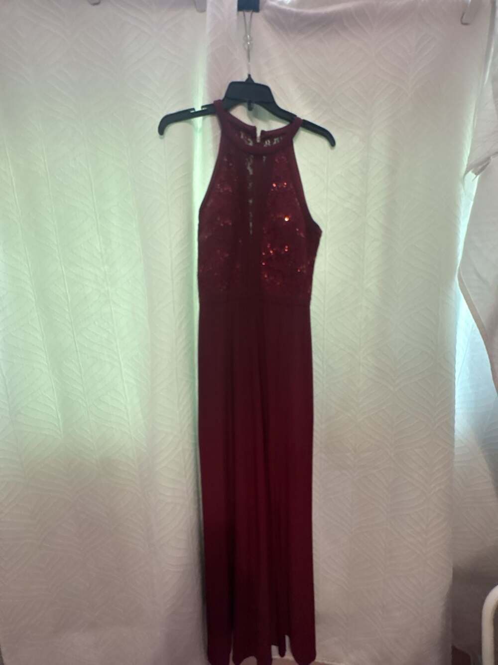 Nightway Sequined Halter Neck Long Evening Gown Burgundy